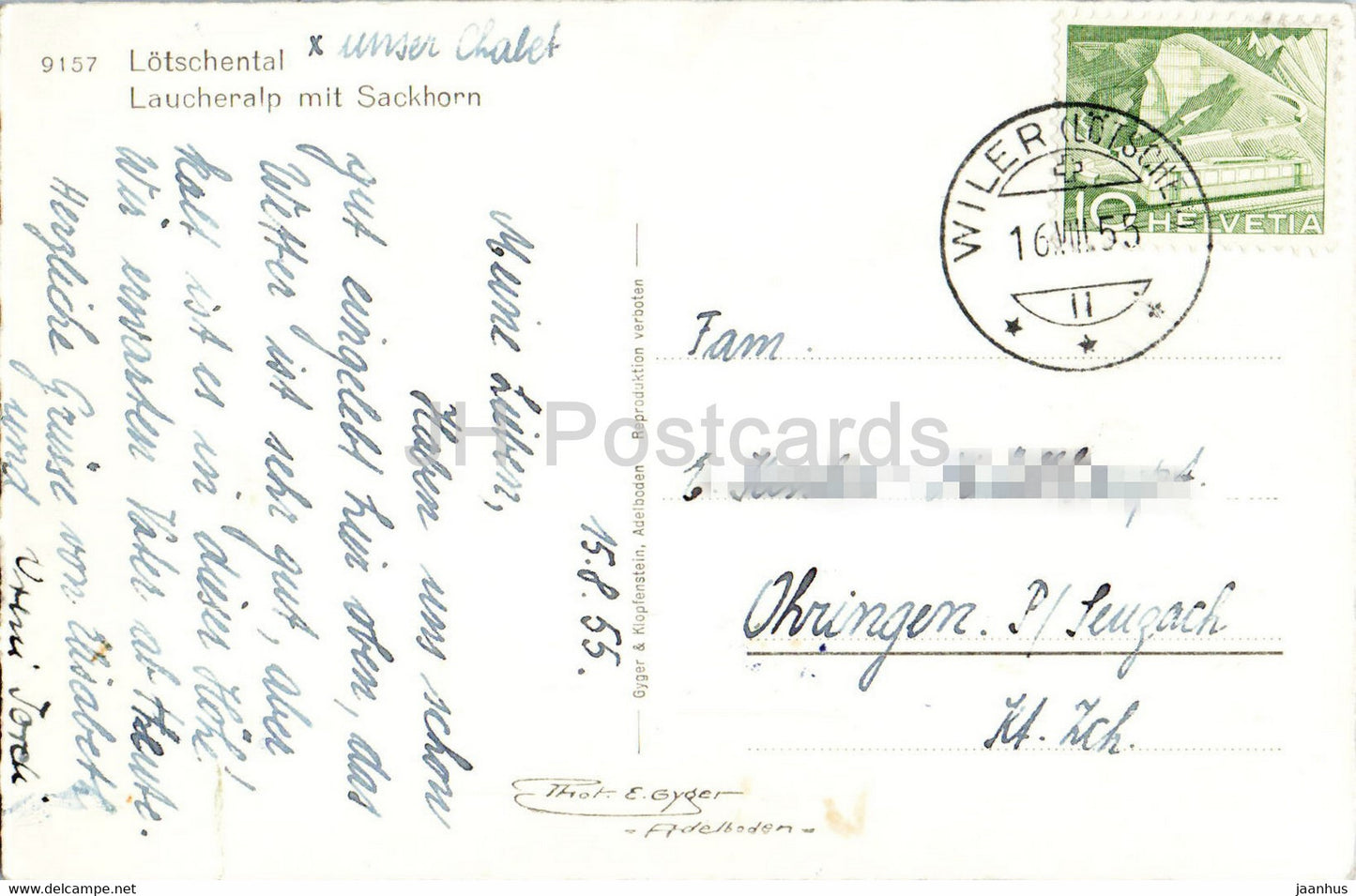 Lotschental - Laucheralp mit Sackhorn - 9157 - carte postale ancienne - 1955 Suisse - utilisé