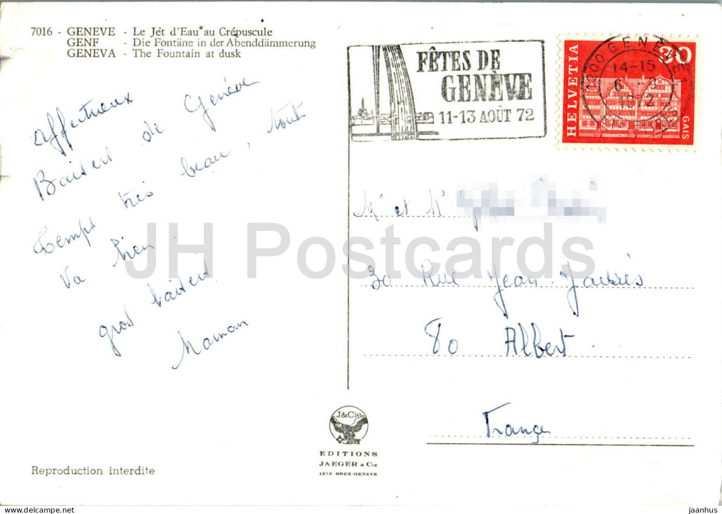 Genève - Geneve - La Fontaine au crépuscule - bateau - 7016 - 1972 - Suisse - d'occasion
