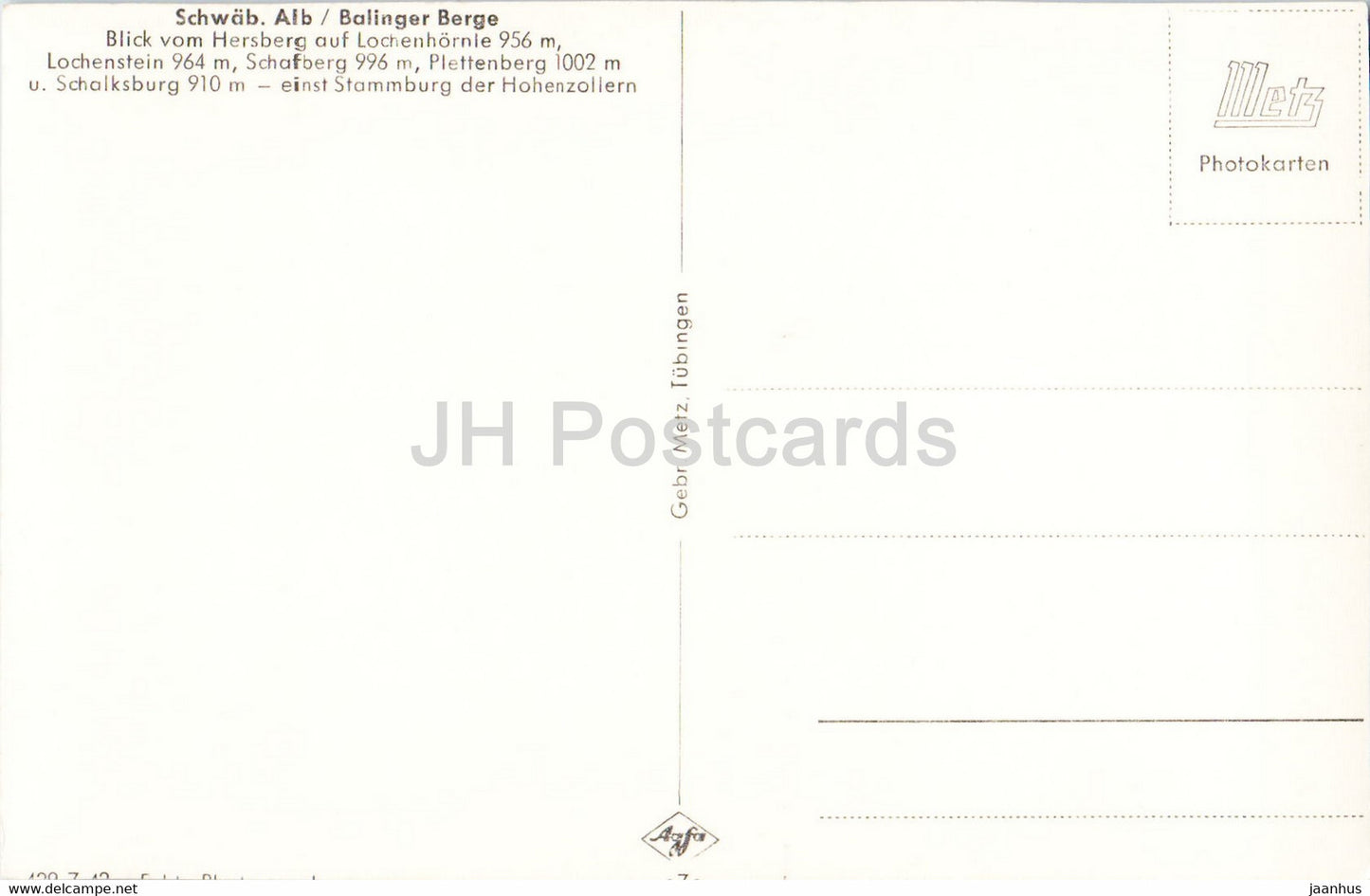 Balinger Berge - Hersberg - Lochenstein - Schafberg - Plettenberg - carte postale ancienne - Allemagne - inutilisée
