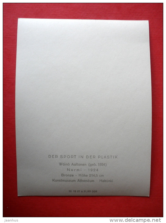 Runner Nurmi by W. Aaltonen - Sport sculptures - DDR Germany - unused - JH Postcards