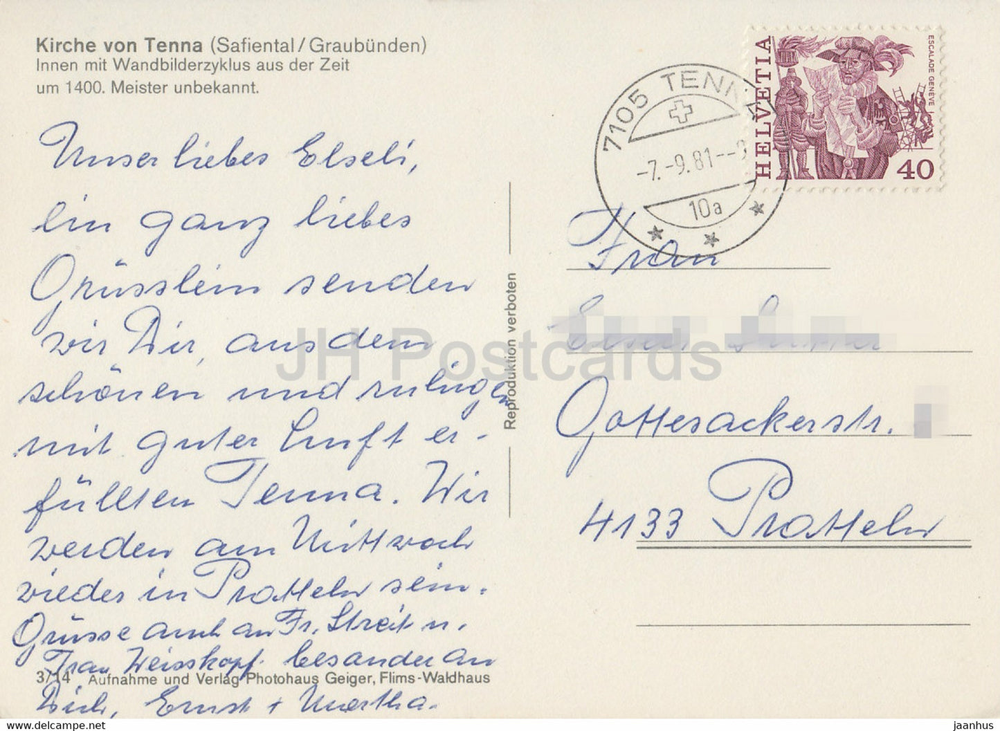 Tenna - Safiental - Graubunden - Kirche von Tenna - Wandbilderzyklus - church - 1981 - Switzerland - used