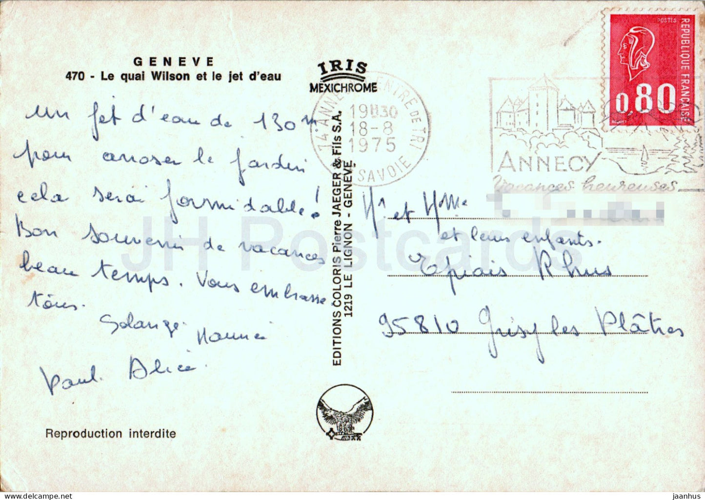 Geneva - Geneve - Le quai Wilson et le jet d'eau - 470 - 1975 - Switzerland - used