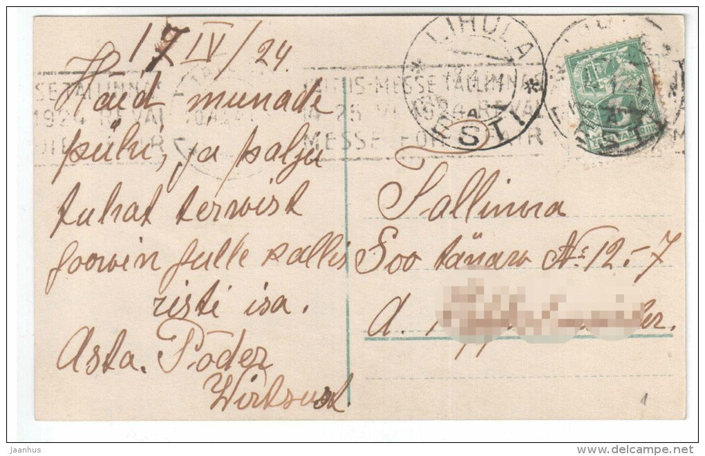 Easter greeting card - hen - eggs - girl - old postcard - circulated in Estonia 1924 , Lihula - used - JH Postcards