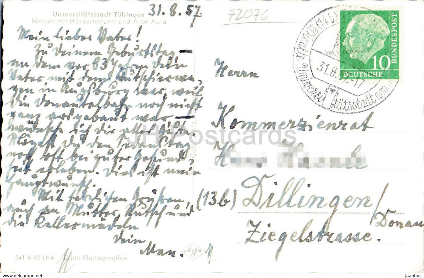 Universitatsstadt Tubingen - Neckar mit Holderlinturm und Alter Aula - old postcard - 1957 - Germany - used