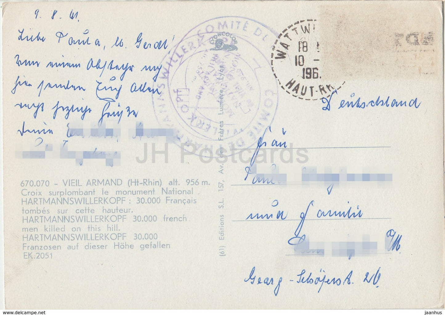 Vieil Armand 956 m - Croix surplombant le monument National - Hartmannswillerkopf - Frankreich - 1961 - gebraucht