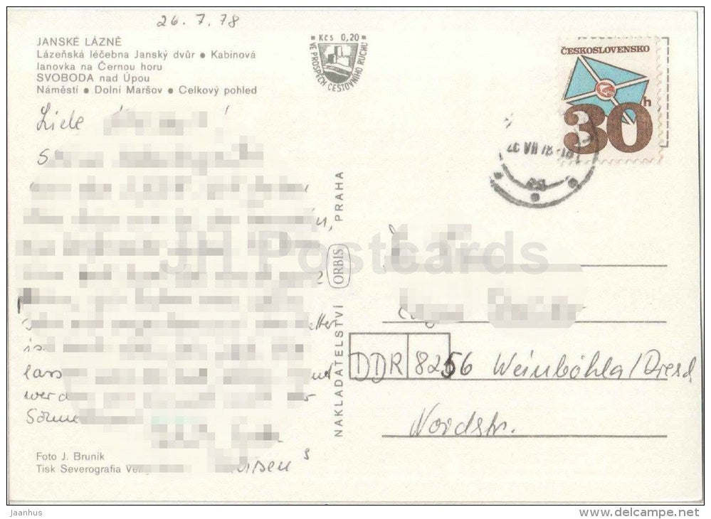 Svoboda nad Upou - Janske Lazne - cable car - spa Jansky dvur - square - Dolni Marsov Czechoslovakia - Czech - used 1978 - JH Postcards