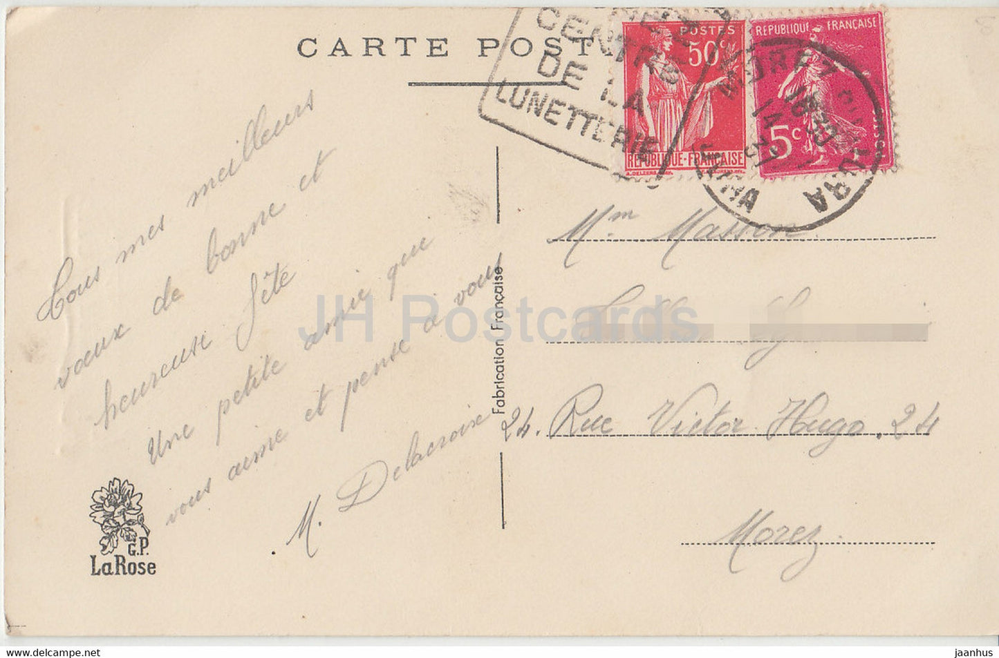 Birthday Greeting Card - Bonne Fete - flowers in a basket - La Rose - illustration - old postcard - 1937 - France - used