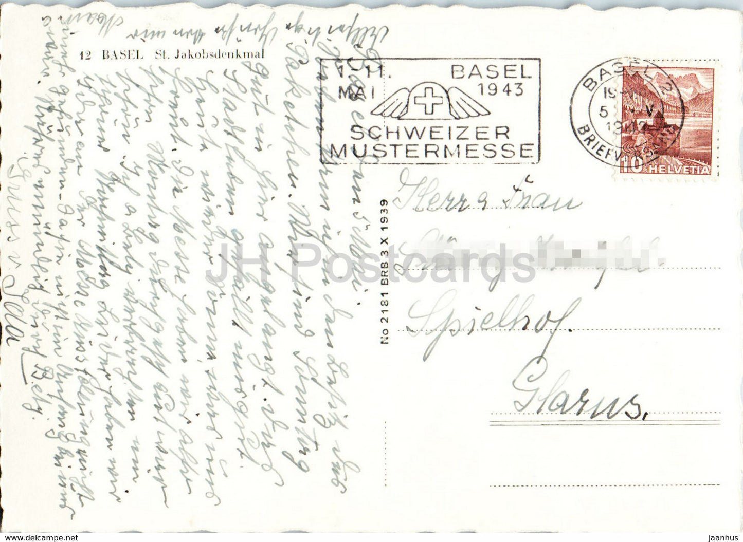 Basel - St Jakobsdenkmal - monument - 12 - old postcard - 1943 - Switzerland - used