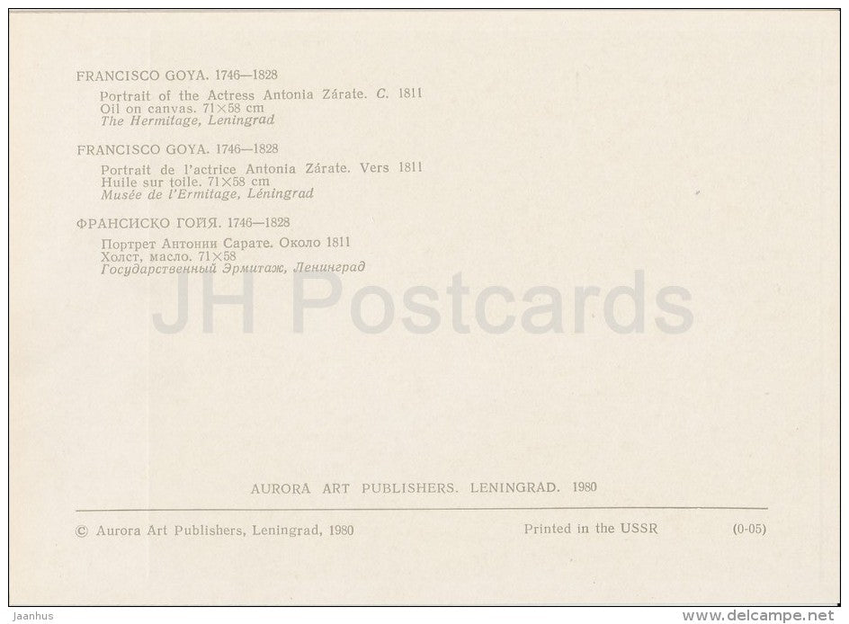 painting by Francisco Goya - Portrait of the Actress Antonia Zarate , 1811 - Spanish art - Russia USSR - 1980 - unused - JH Postcards