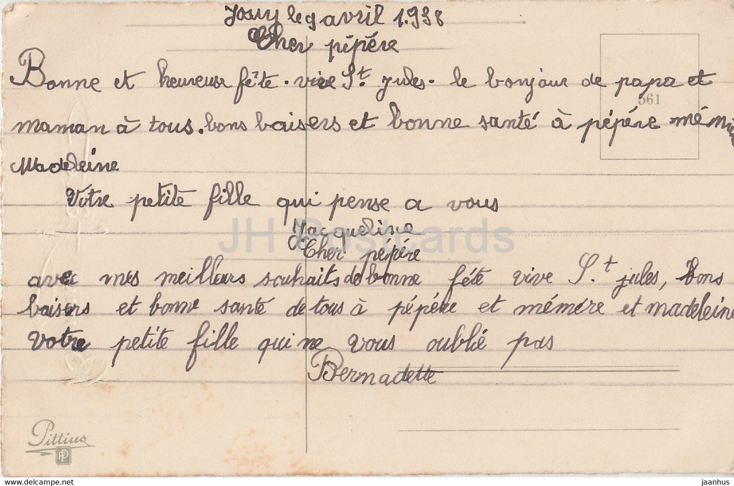 Birthday Greeting Card - Bonne Fete - flowers - roses in a vase - Pittius - illustration - old postcard - France - used