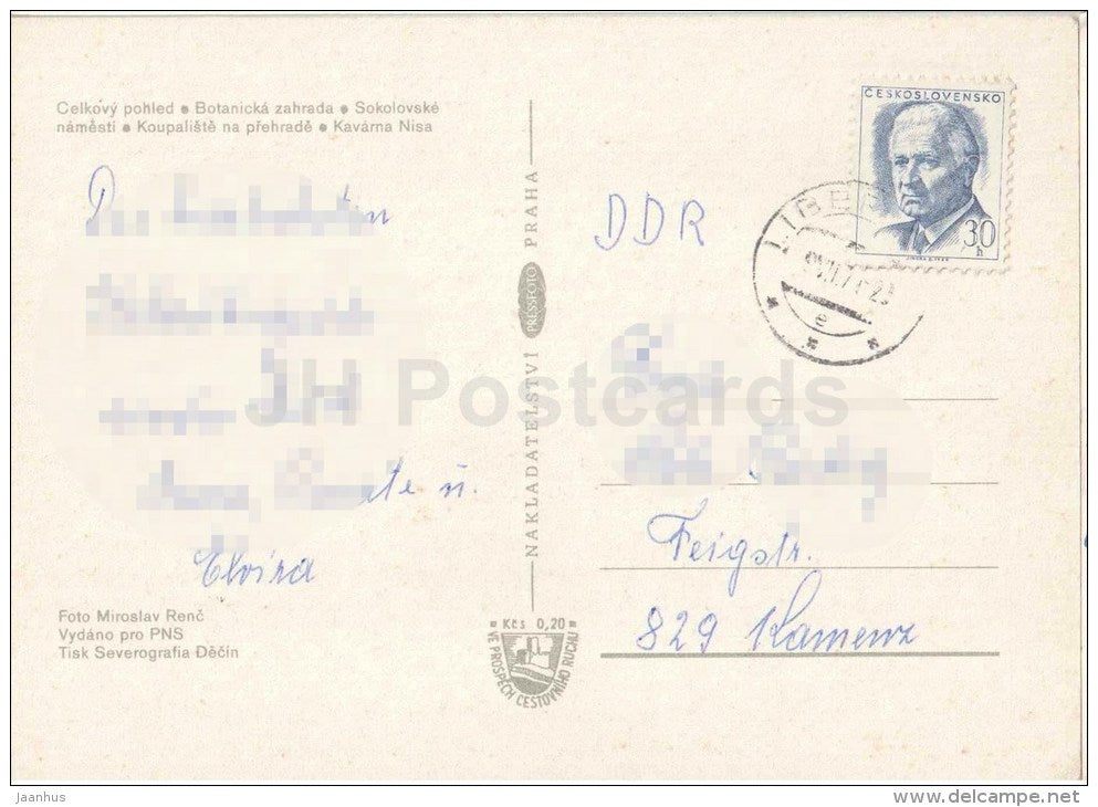 Botanical Garden - Sokolovske square - beach - Liberec - Kavarna Nisa - Czechoslovakia - Czech - used 1971 - JH Postcards