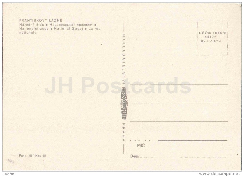 Frantiskovy Lazne - spa - National Street - fountain - Czechoslovakia - Czech - unused - JH Postcards