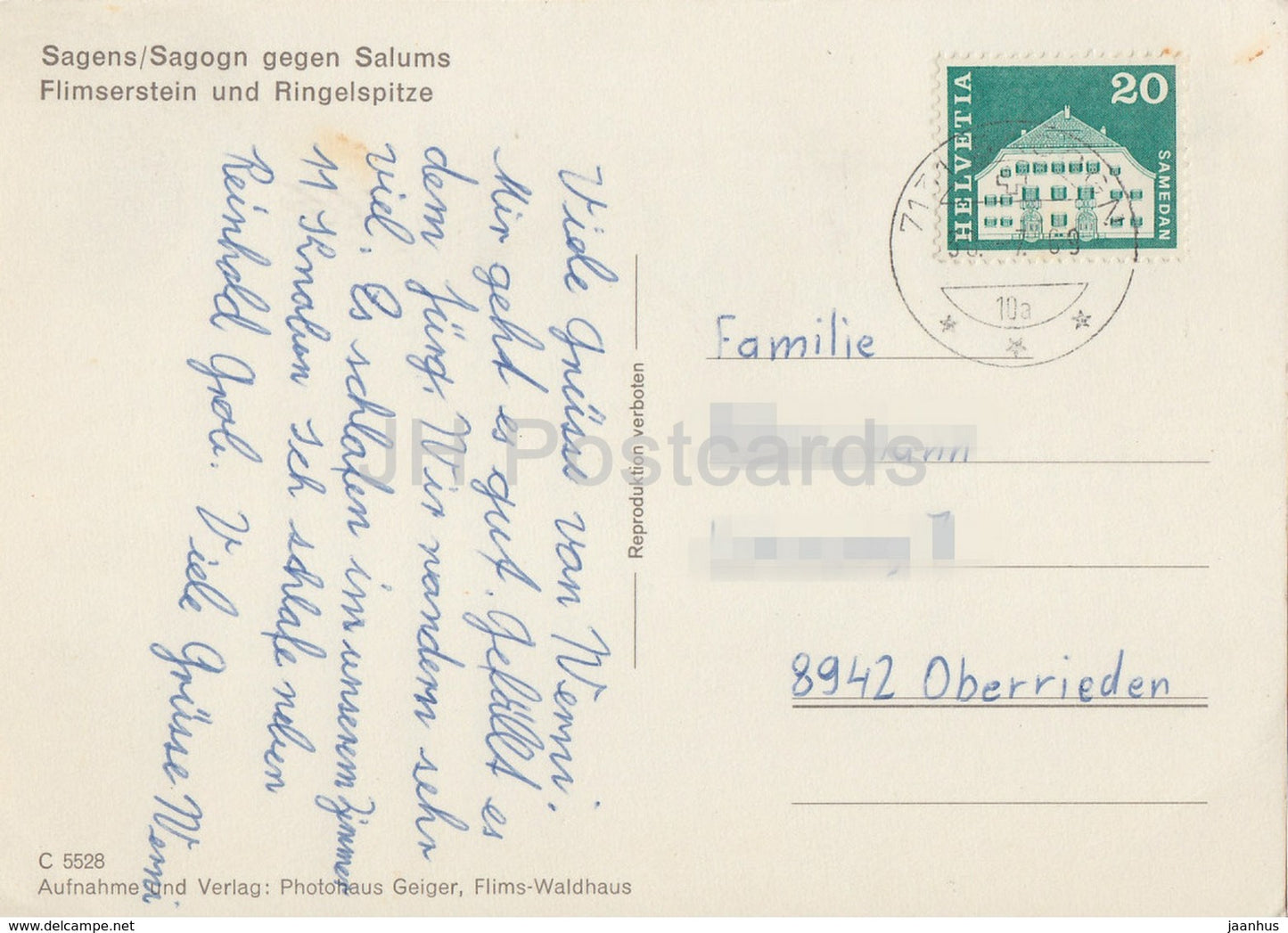 Sagens - Sagogn gegen Salums - Flimserstein und Ringelspitze - 1969 - Switzerland - used