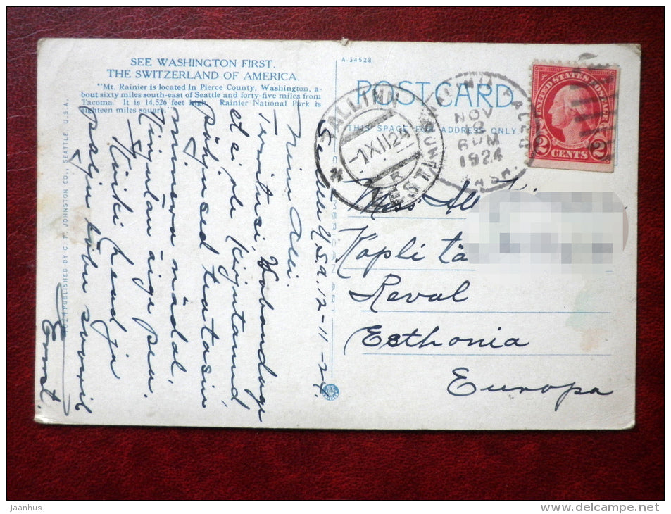 See the Washington First - The Switzerland of America , Mount Rainier - sent to Estonia in 1924 - USA - used - JH Postcards