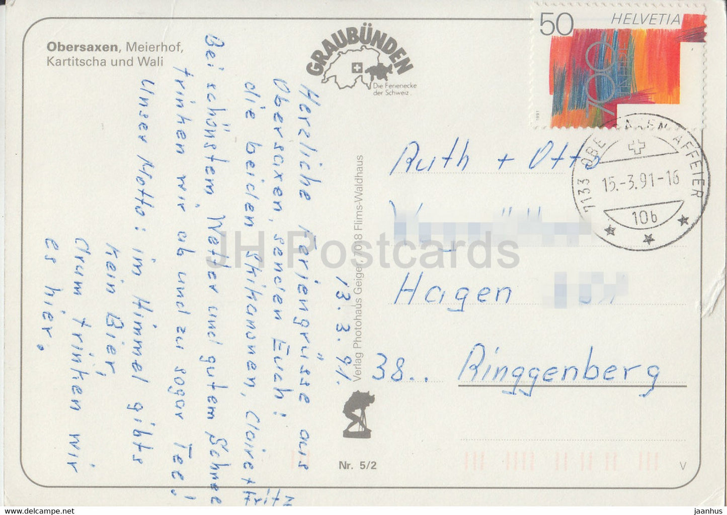 Gruss aus Obersaxen - Meierhof - Kartitscha - Wali - multiview - 1991 - Suisse - d'occasion