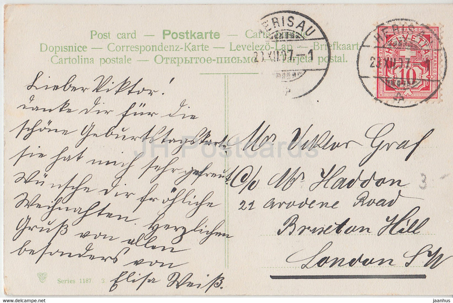 Carte de vœux de Noël - Frohliche Weihnachten - vue d'hiver - cerf - Série 1187 - carte postale ancienne - 1907 - Allemagne - utilisé