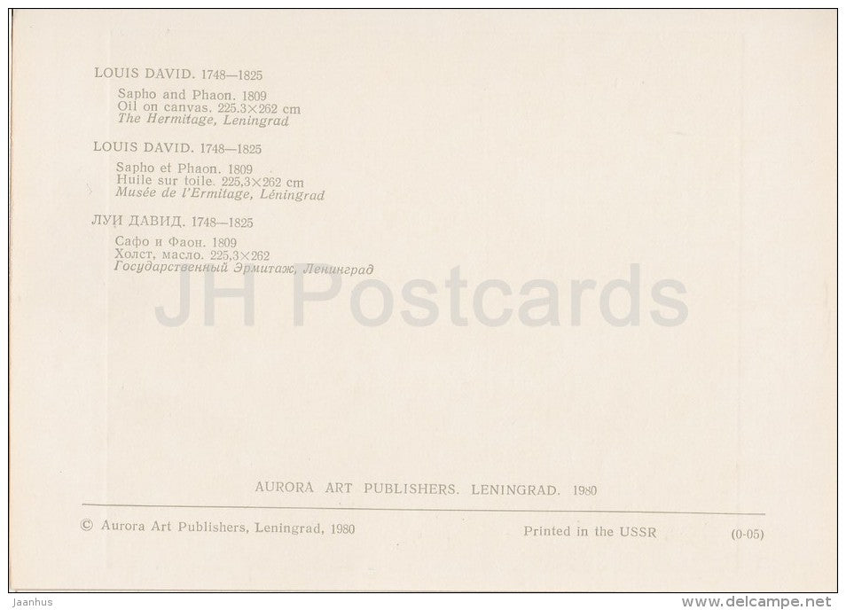 painting by Jacques-Louis David - Sappho and Phaon , 1809 - French art - Russia USSR - 1980 - unused - JH Postcards