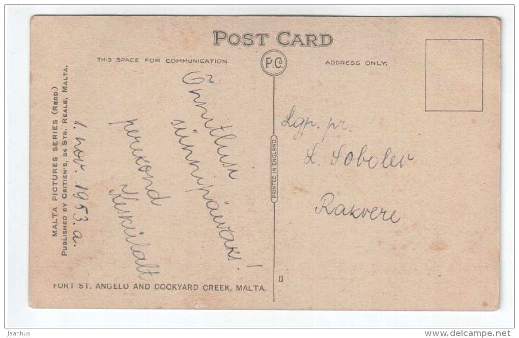 Fort St. Angelo and Dockyard Creek , illustration by Esposito - by Critien`s - old postcard - Malta - used - JH Postcards