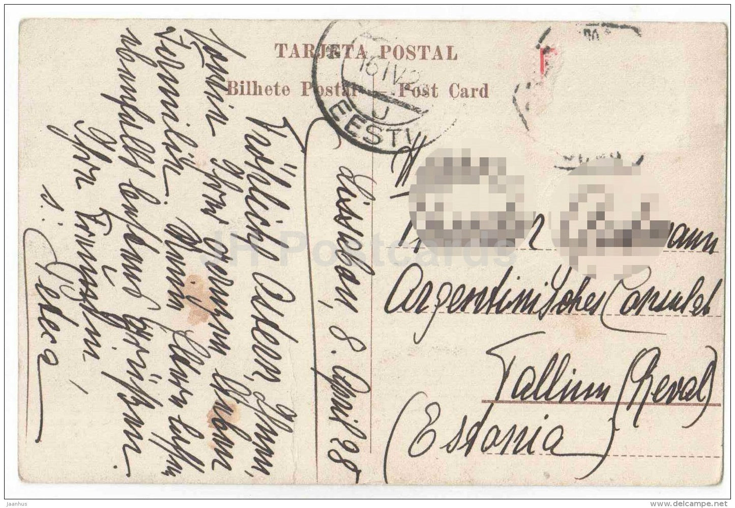 Madeira costums - young woman in folk costumes - Portugal - sent from Portugal Lisboa to Estonia Tallinn 1928 - JH Postcards