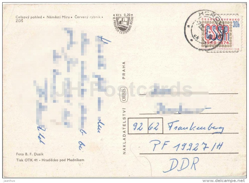 Komarov - Peace square - Cerveny pond - Czechoslovakia - Czech - used 1974 - JH Postcards