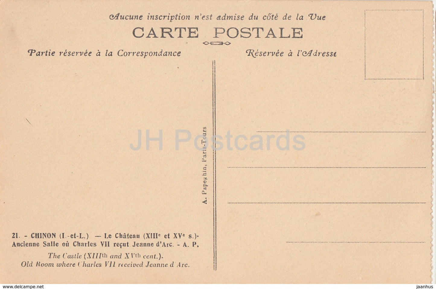 Chinon - Le Château - Ancienne Salle ou Charles VII recoupé Jeanne d'Arc - château - 21 - carte postale ancienne - France - inutilisée