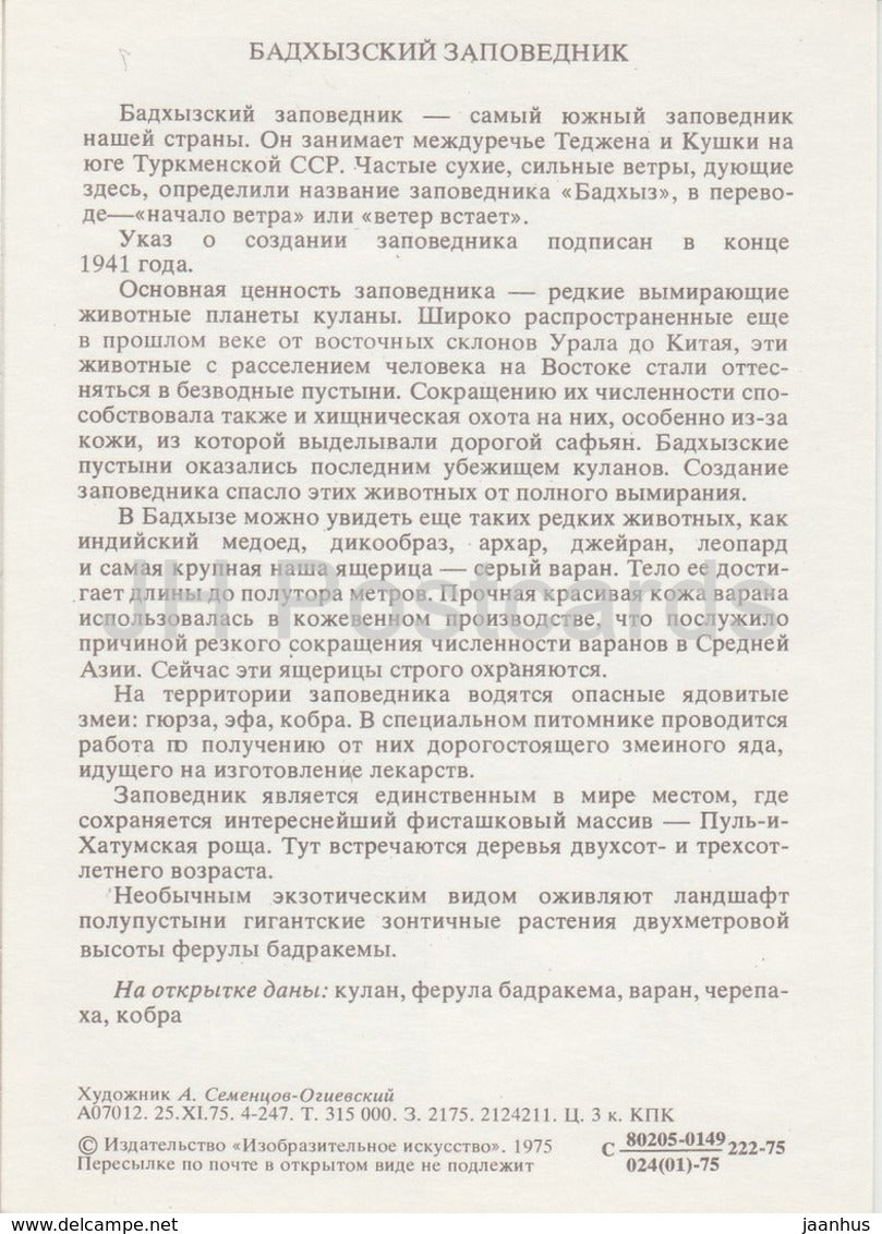 Onager - cobra - lizard - tortoise - Badhyz State Nature Reserve - 1975 - Russia USSR - unused