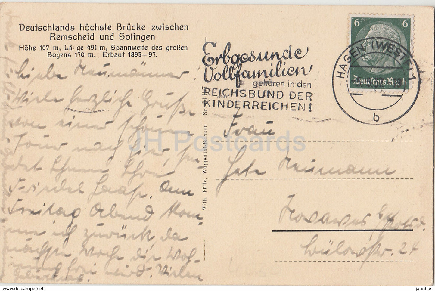 Bergisch Land - Mungstener Brucke - Deutschlands hochste Brucke - bridge - railway - old postcard - 1937 -Germany - used
