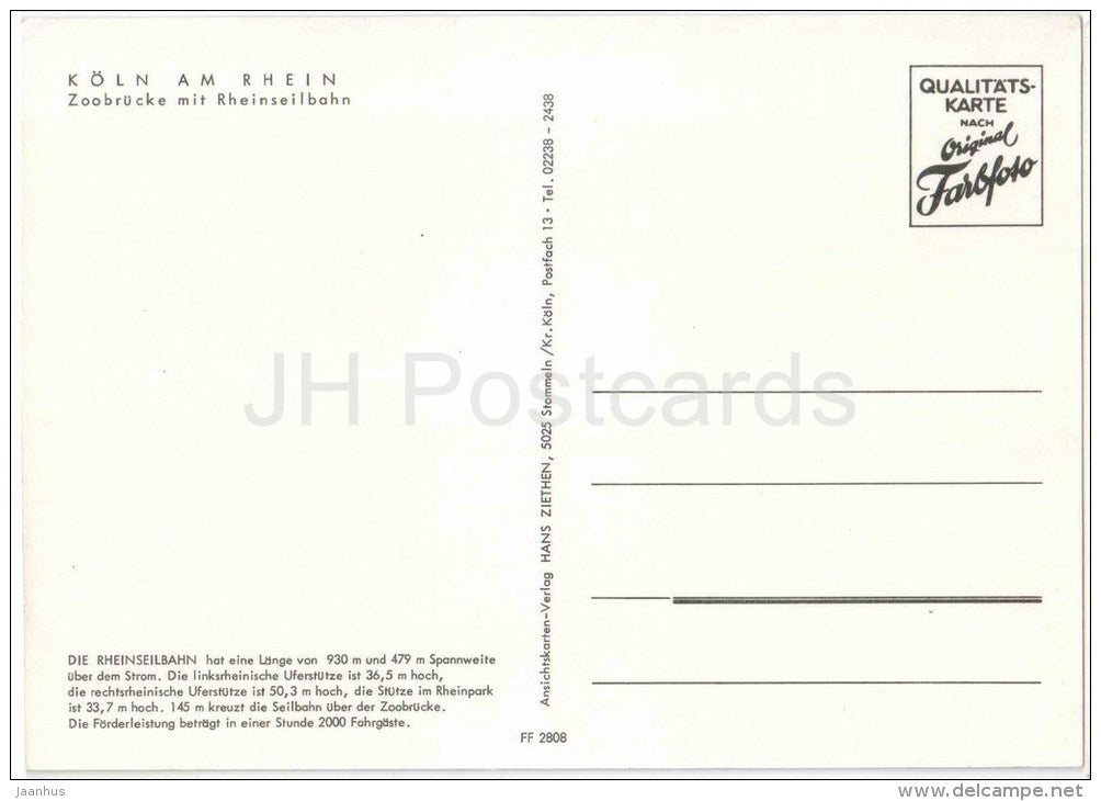 Köln am Rhein - Zoobrücke mit Rheinseilbahn - bridge - cable car - FF 2808 - nicht gelaufen - JH Postcards