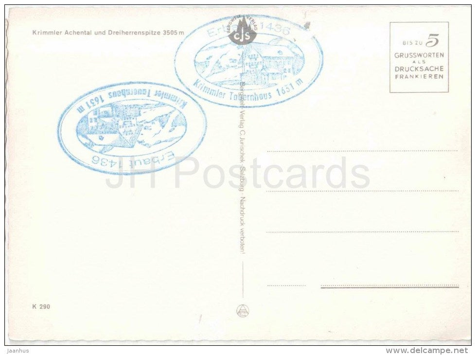 Krimmler Achental und Dreiherrenspitze 3505 m - K 290 - Austria - ungelaufen - JH Postcards