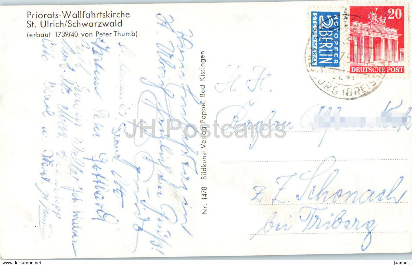 Priorate Wallfahrtskirche St. Ulrich - Schwarzwald - Kirche - alte Postkarte - 1951 - Deutschland - gebraucht