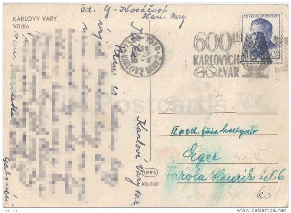 Karlovy Vary - Karlsbad - spa - Vridlo - Czechoslovakia - Czech - used 1958 - JH Postcards