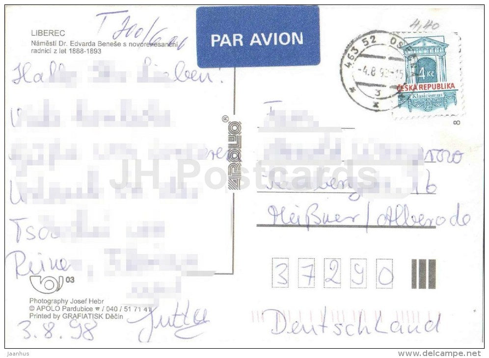 Edvard Benese square - town hall - Liberec - Czech - used 1998 - JH Postcards