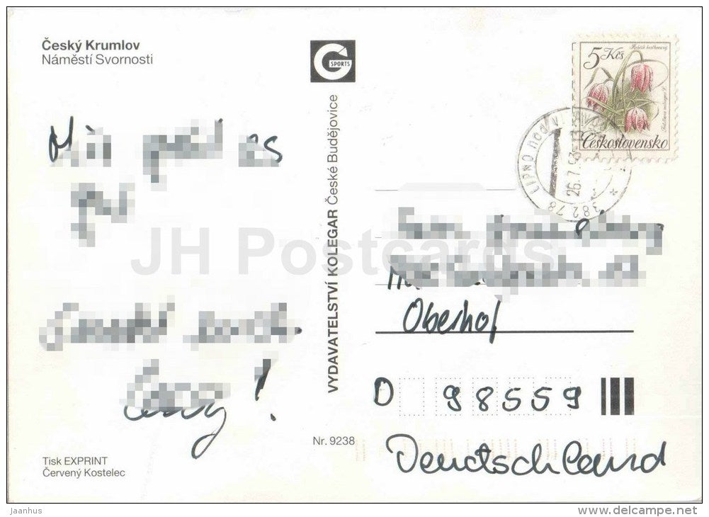 Cesky Krumlov - Svornosti square - town hall - Czechoslovakia - Czech - used 1993 - JH Postcards