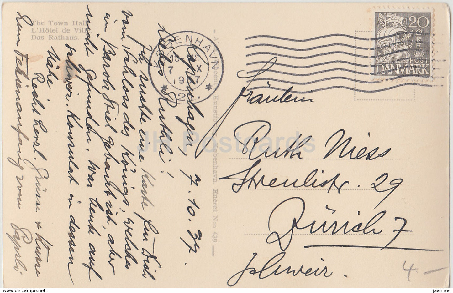 Copenhagen - Kobenhavn - Raadhuset - Town Hall - tram - 439 - old postcard - 1937 - Denmark - used