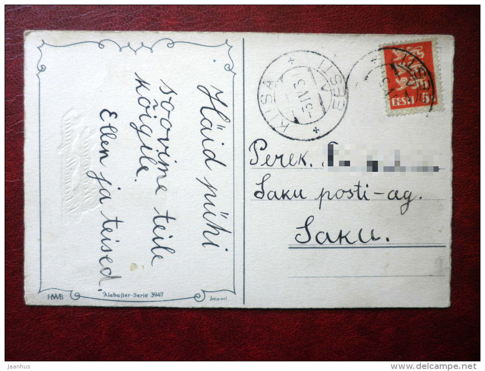 Easter Greeting Card - Girl and Lamb by Hannes Petersen - eggs - 394 circulated in Estonia 1931 , Kiisa - Germany - used - JH Postcards