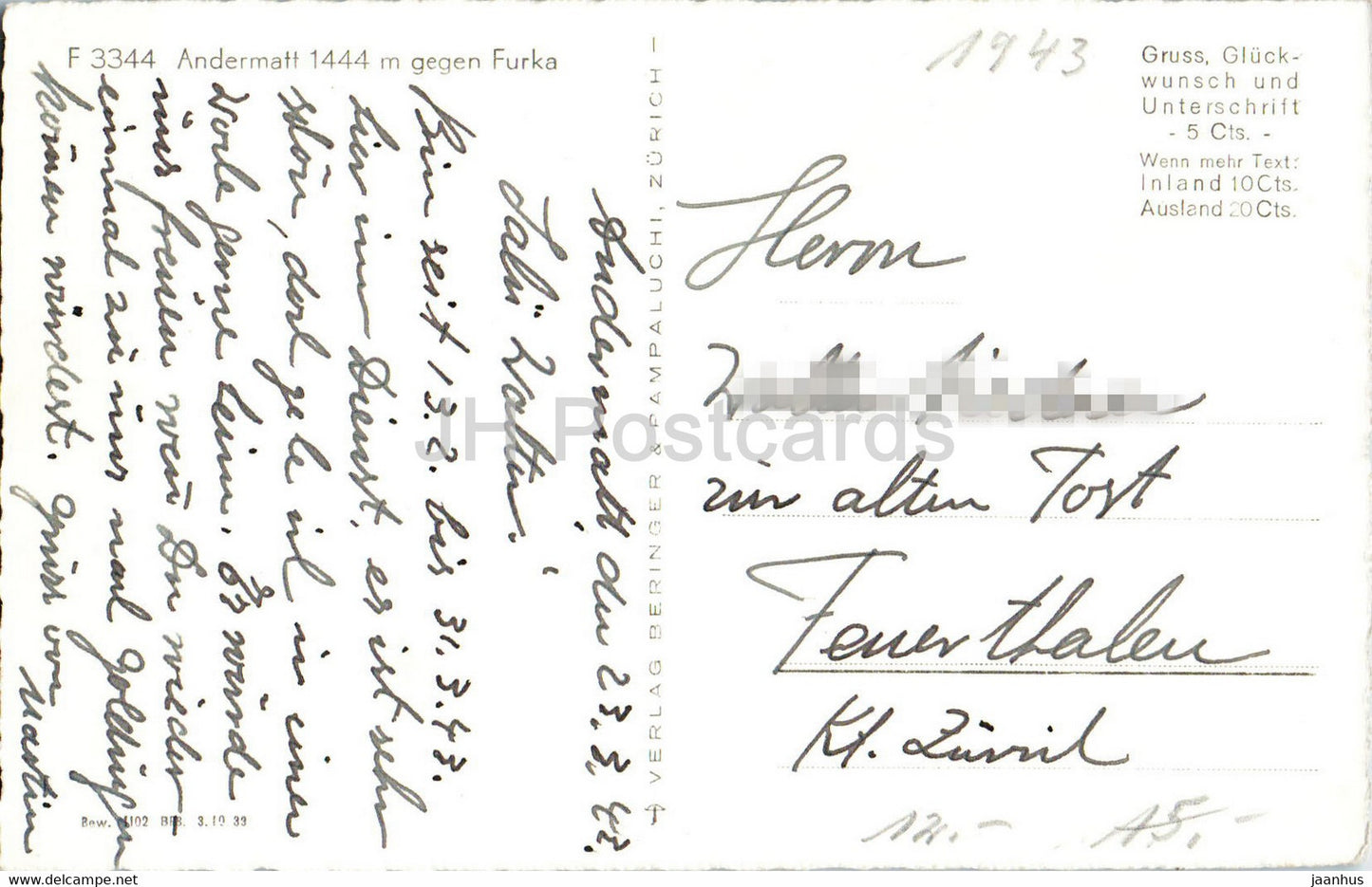 Andermatt 1444 m gegen Furka - F3344 - carte postale ancienne - 1943 - Suisse - utilisé