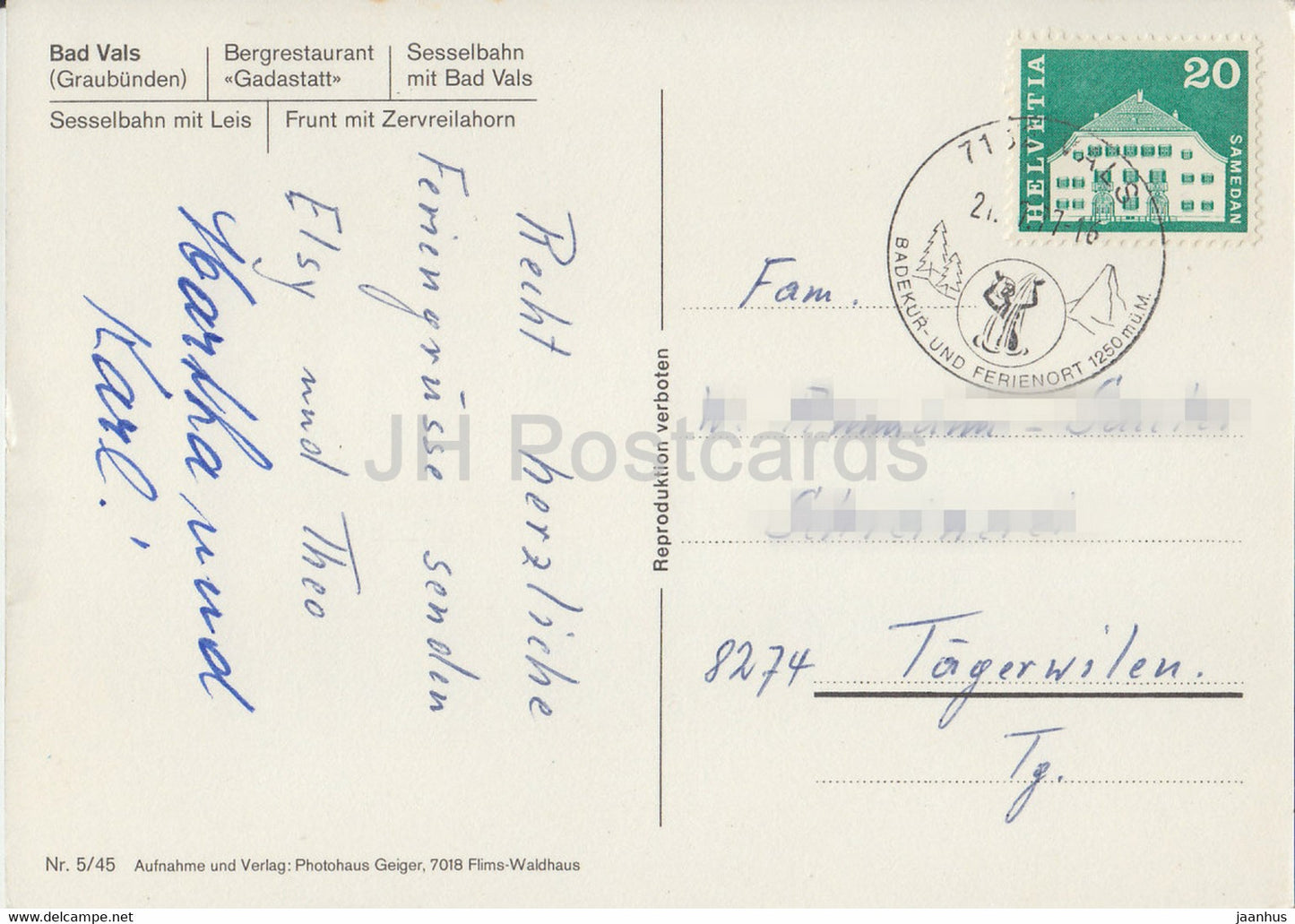 Bad Vals - Bergrestaurant Gadastatt - Sesselbahn - Zervreilahorn - Télésiège - multiview - 1977 - Suisse - d'occasion