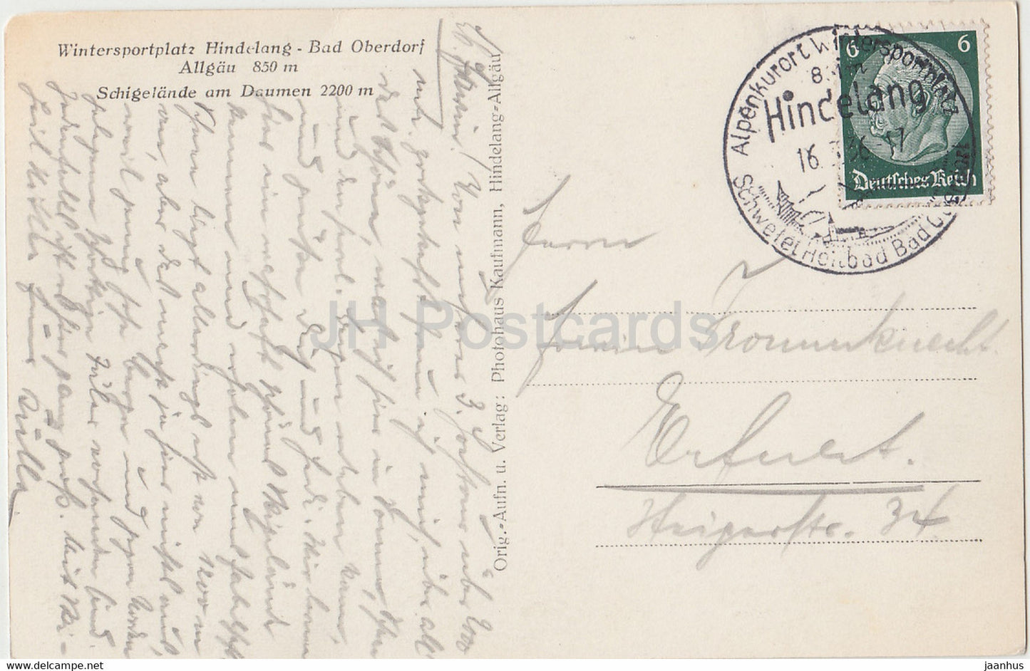 Wintersportplatz Hindelang Bad Oberdorf Allgau 850 m - Schigelande am Daumen 2200 m - old postcard - 1936 Germany - used