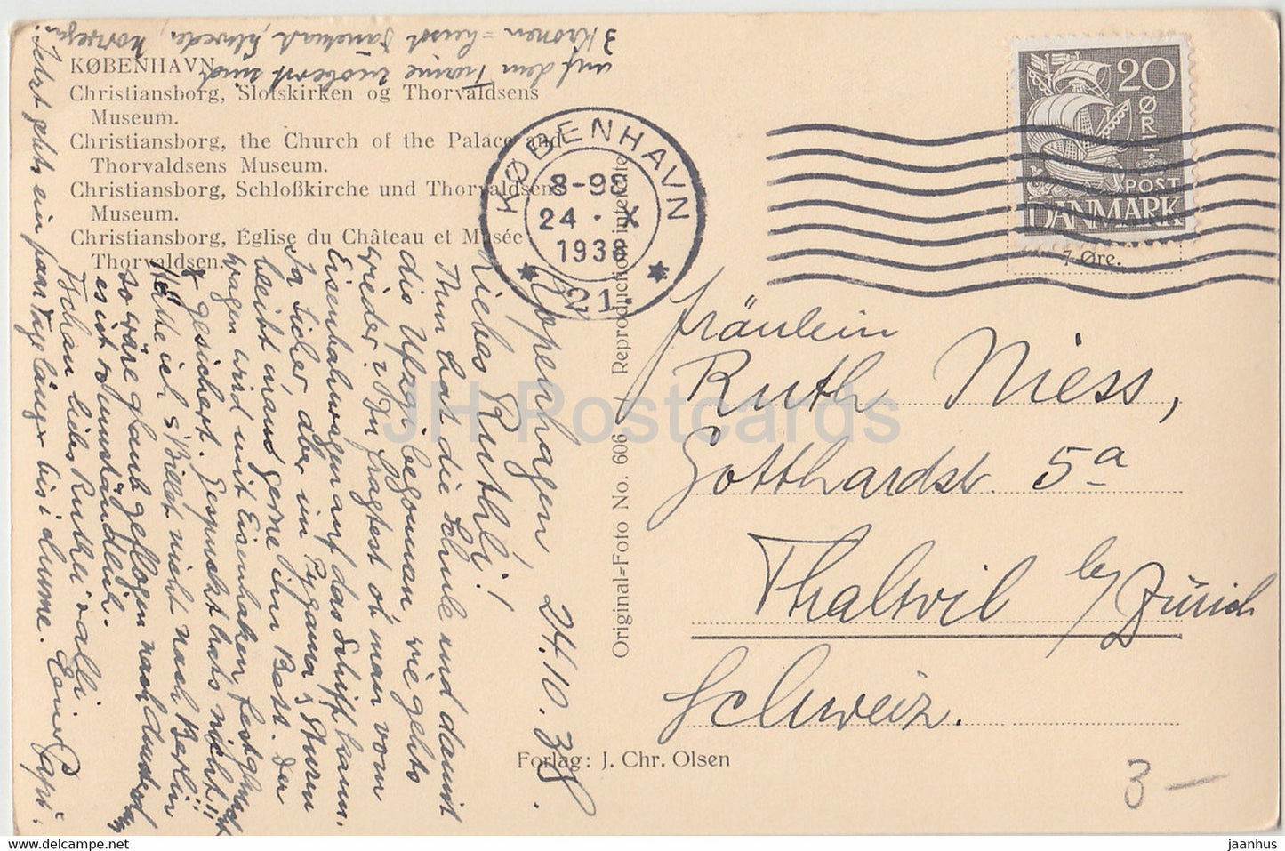 Kopenhagen – Kobenhavn – Christiansborg – Slotskirken – Thorvaldsens Museum – Straßenbahn alte Postkarte – 1938 – Dänemark – gebraucht