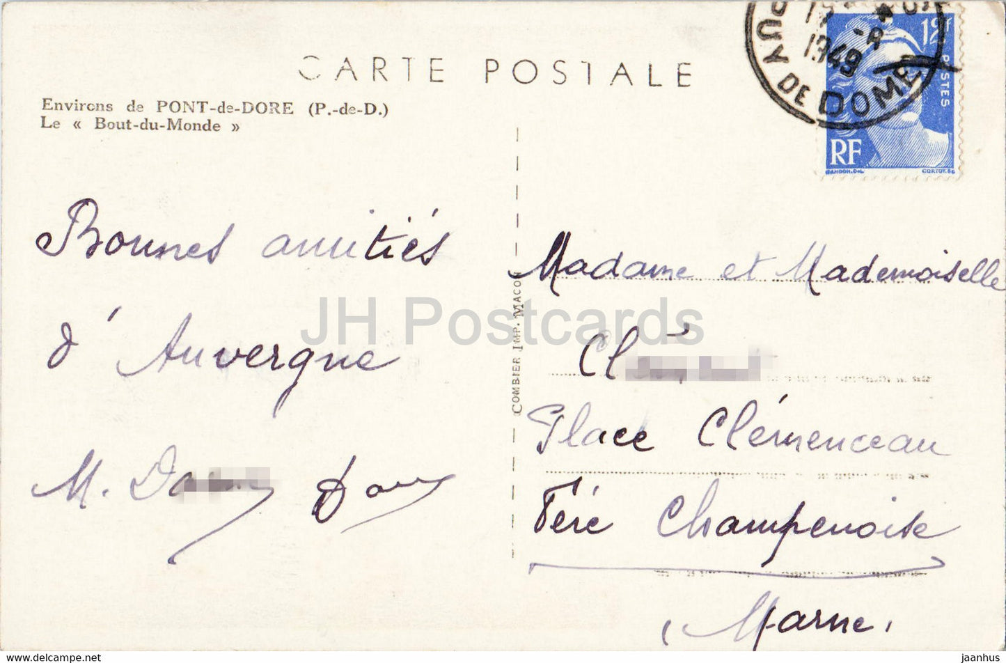 Environs de Pont de Dore - Bout du Monde - old postcard - 1949 - France - used