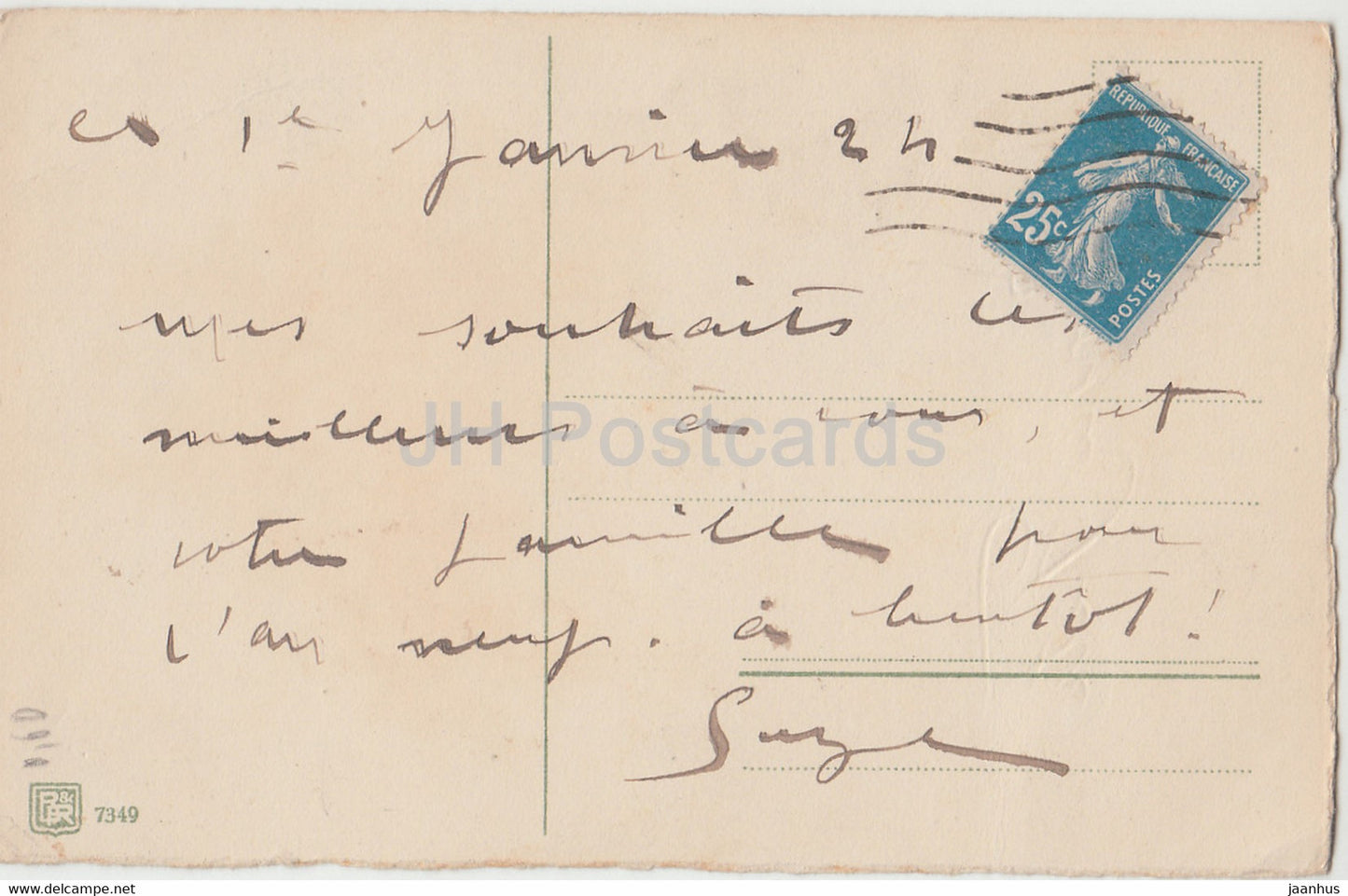 Birthday Greeting Card - Bonne Fete - yellow flowers - 7349 - illustration - old postcard - France - used