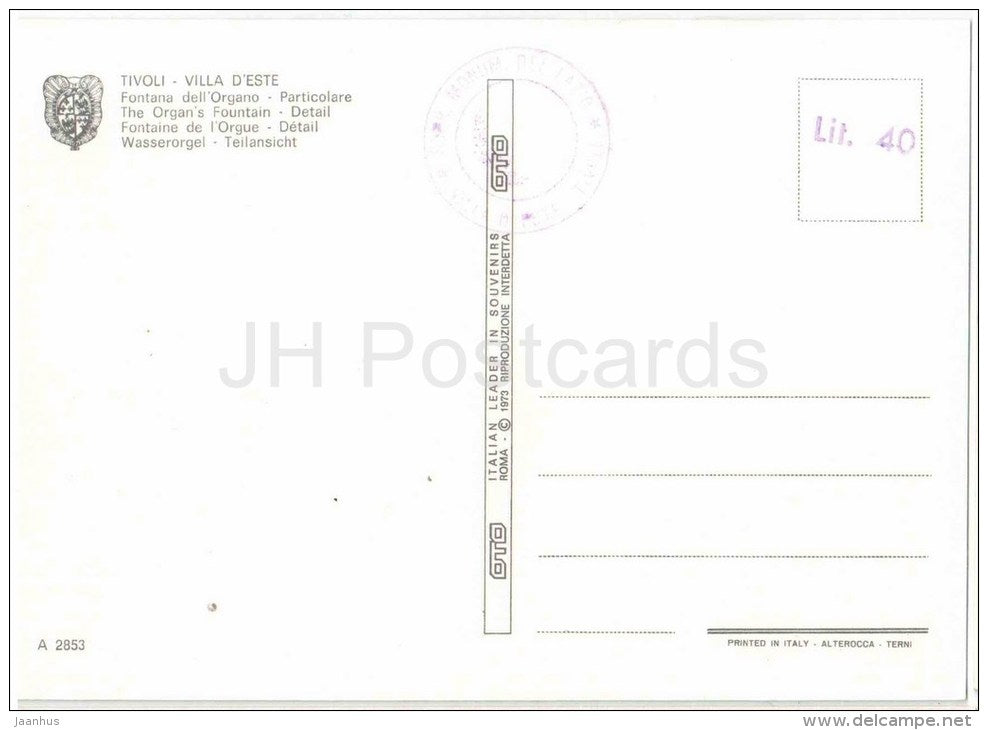 Fontana dell`Organo , particolare - The Organ`s fountain - Villa d´Este - Tivoli - Lazio - Italia - Italy - unused - JH Postcards