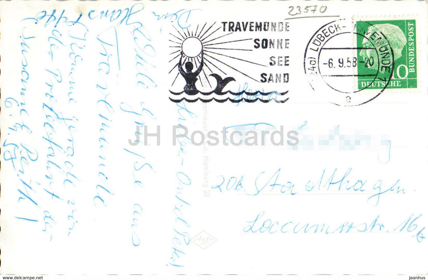 Gruss aus Ostseebad Travemunde - beach - ship - steamer - old postcard - 1958 - Germany - used