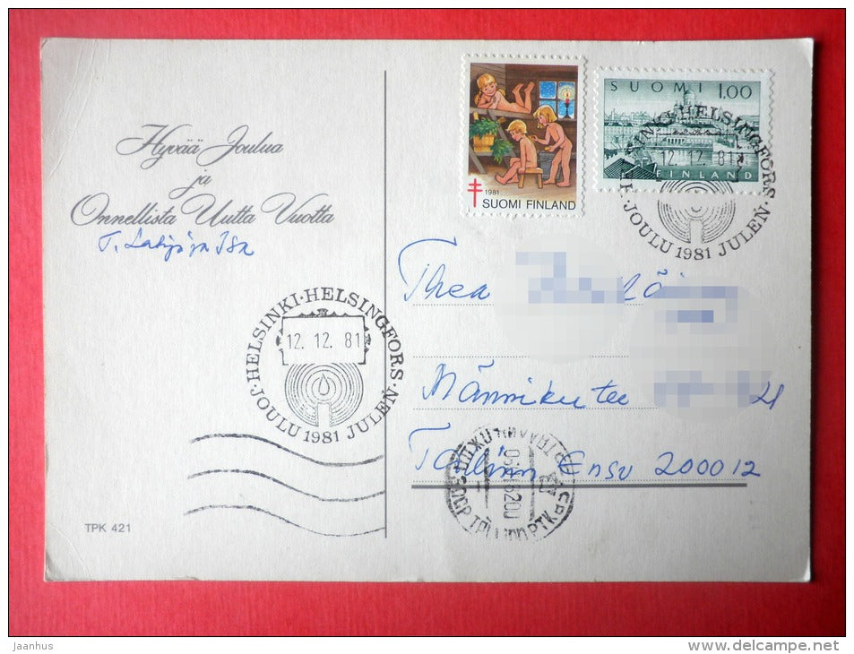 Christmas Greeting Card - house - birds - forest - TPK 421 - Finland - sent from Finland Helsinki to Estonia USSR 1981 - JH Postcards