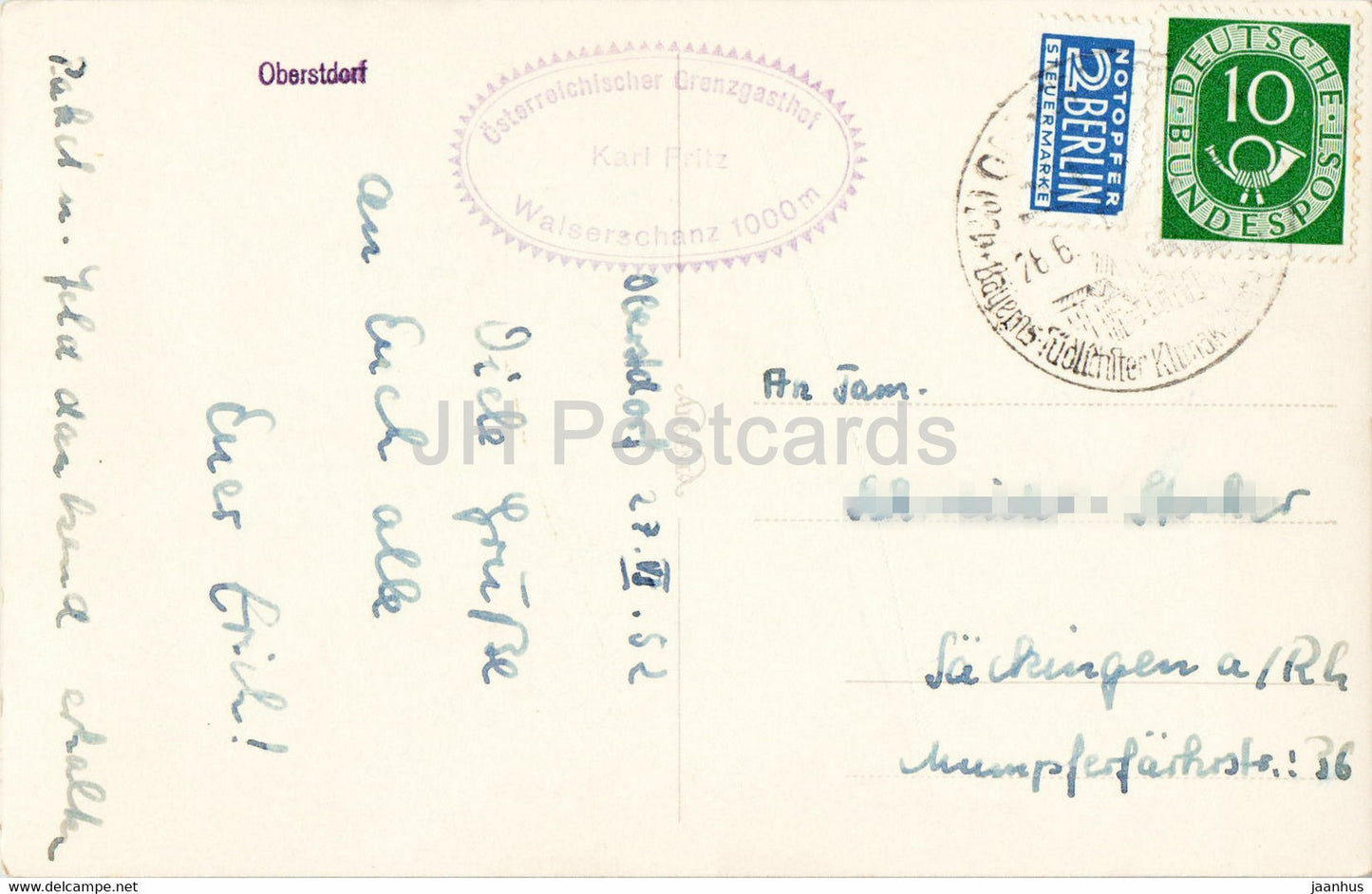 Oberstdorf - Grenzgasthof Karl Fritz - carte postale ancienne - 1952 - Allemagne - utilisé