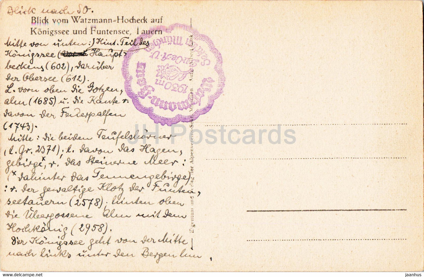 Blick vom Watzmann Hocheck auf Konigssee und Funtensee - old postcard - Germany - used