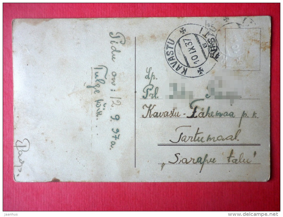 christmas greeting card - couple - man and woman - circulated in Estonia Kavastu 1937 - JH Postcards