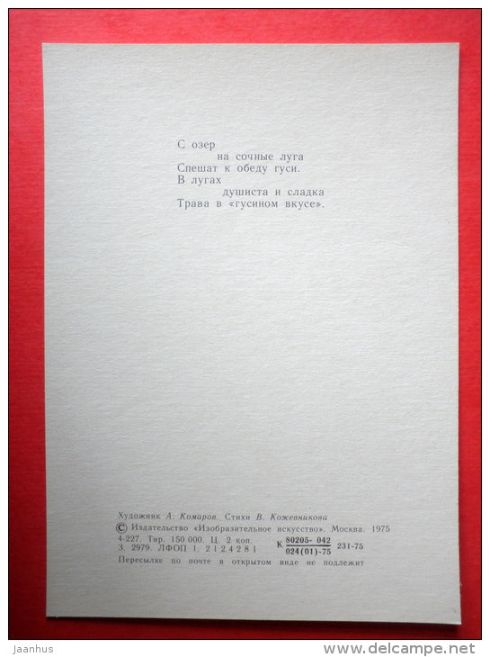 illustration by A. Komarov - Wild Goose - Anser ferus - birds - 1975 - Russia USSR - unused - JH Postcards