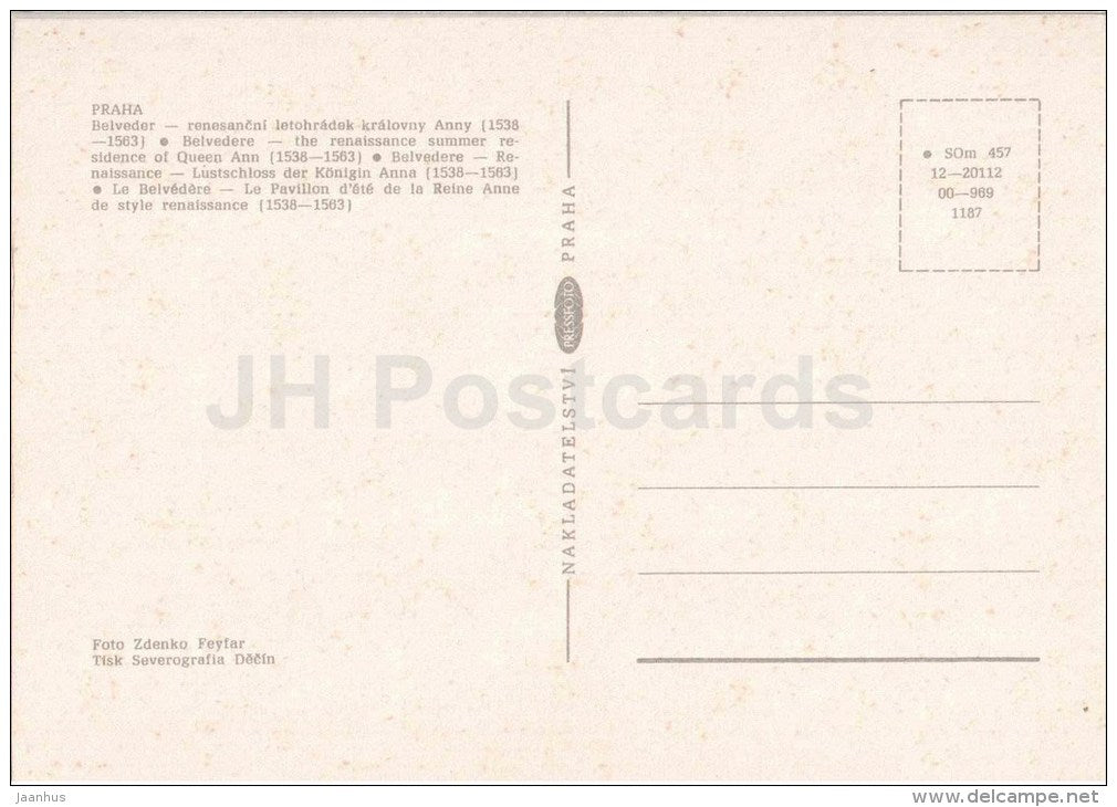 Praha - Prague - Belvedere , the renaissance summer residence of Queen Ann - Czechoslovakia - Czech - unused - JH Postcards