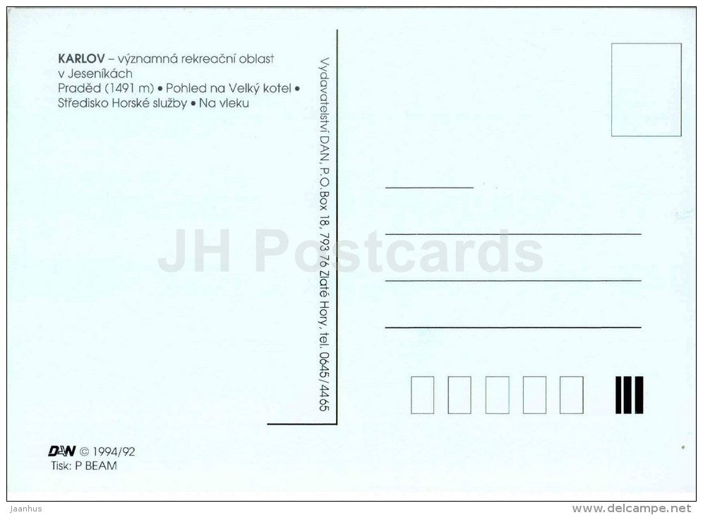 recreational area in Jeseniky - mountain Praded 1491 m - ski resort - hotel Velky - Karlov - Czech - unused - JH Postcards